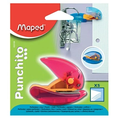 Image de Maped Perforatrice Punchito Perforateur Compact Transparent 1 Trou Avec Guide Positionnable sur les Anneaux des Classeurs Couleur Aléatoire