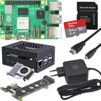 Image de Raspberry Pi 5 8 Go PCIe M.2 NVMe Kit Boîtier en métal Cooler actif Carte SSD Bloc d&#039;alimentation USB C 27 W SD 64 Câble Micro HDMI 4K