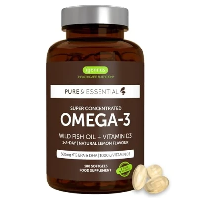 Image de Igennus Huile de Poisson Sauvage Oméga 3 Ultra Pure &amp; D3, 1 par jour, 180 gélules, Acides Gras EPA DHA, Triglycérides rTG à Action Rapide, sans OGM