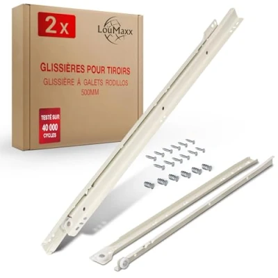 Image de LouMaxx Coulisse Tiroir 500 mm Lot de 2 (1 paire) Rails pour Coulissants, en blanc, Système Glissière à Sortie Partielle Kit Coulissants montage facile