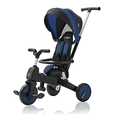Image de FableKids Tricycle 7in1 Enfant Guidon vélo bébé Poussette Direction parentale Capote à partir de 18 Mois siège 360 Bleu