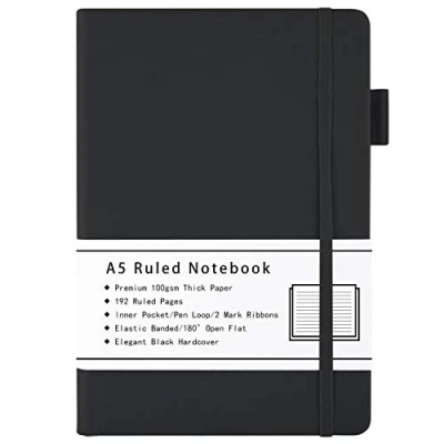 Image de Carnet A5, Journal Ligné à Couverture Rigide avec Papier épais Premium 100 GSM, Poche Intérieure, Boucle pour Stylo, Bande élastique, en Similicuir, 192 Pages, 14,5 x 21,3 cm (Noir)