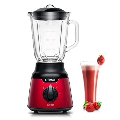 Image de Ufesa BS4100 Amber Red Compact Blender Mixeur, 900W, 0.8L, 2 Vitesses + Pulse, 4 Lames en Acier Inoxydable, Bocal Verre, Fermeture Hermétique, Glace Pilée, Sans BPA, Inox Rouge