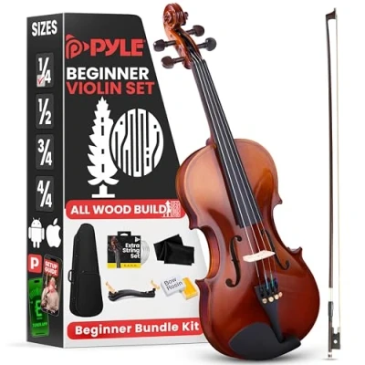 Image de Pyle Kit de Démarrage pour Violon Débutant Taille 1/4 Enfant/Adulte Ensemble Départ avec Étui Transport et Arc,Cordes Rechange,Accordeur Numérique,Repose Épaule Chiffon Nettoyage