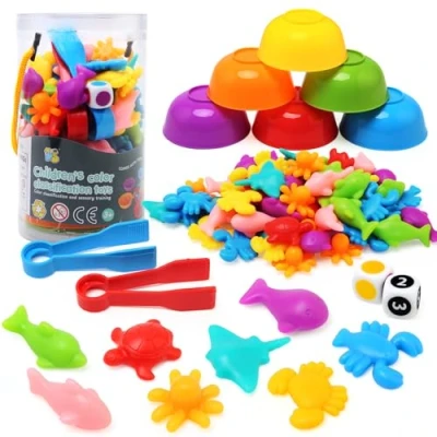 Image de BelleStyle Jeu de Tri Montessori 3 4 5 Ans, 66 Pièces Animaux Marins Comptage et Tri, avec Gobelets, Dés Pinces, Motricité Fine, Jouet Educatif Bébé Classification des Couleurs
