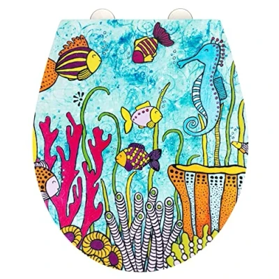 Image de WENKO Abattant WC avec frein de chute Rollin&#039;Art, &quot;ocean life&quot;, surface en relief, fixation acier inoxydable, Duroplast antibactérien, 38 x 44,5 cm.