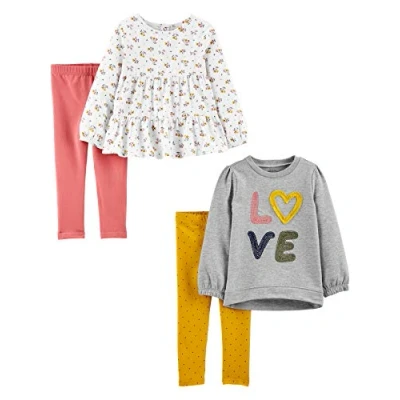 Image de Simple Joys by Carter&#039;s 4 Piece Long Sleeve Shirts and Pants Playwear Set Ensemble de Pantalons, Blanc Fleuri/Gris Amour/Jaune Points/Rose, 3 Ans Fille