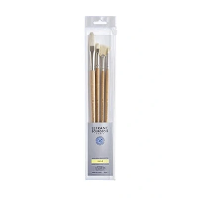 Image de Lefranc Bourgeois Set de 4 Pinceaux en Soie Porc Rond n4/Plat Court n8/Usé Bombé n14/Eventail n8 Manche Long