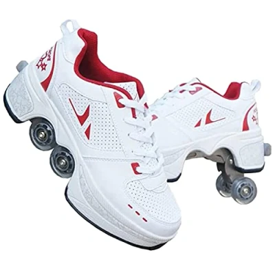 Image de Patins A roulettes Reglables, Rollers en Ligne pour Enfants, Quatre Roues Fille Chaussures roulettes, Deform Wheels Skates Kick Roller Shoes,Red EU40