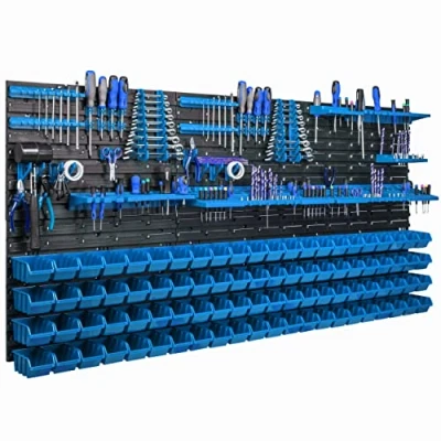 Image de Système de rangement mural 173 x 78 cm, supports à outils, 88 pièces. Boîtes empilables, étagères pour vue, plaques murales extra solides, étagère extensible, d&#039;atelier,