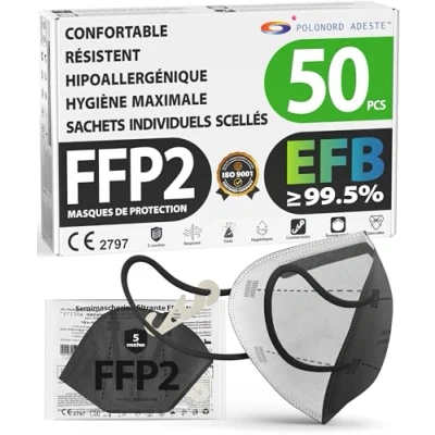 Image de ADESTE 50 Masques FFP2 Noirs Certifiés CE, approvisionnement contrôlé, élastiques confortables, hypoallergéniques et réglables. EFB 99,5%. Emballage individuel