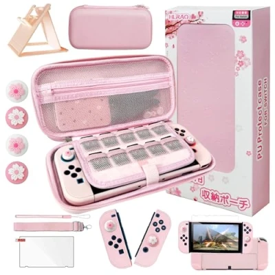 Image de HLRAO Kit d&#039;accessoires pour étui de Transport Rose Sakura Compatible avec Switch OLED .Housse Protection Interrupteur Rose, Support réglable,Protecteur d&#039;écran et Jolies poignées Pouce.