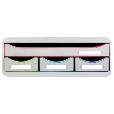 Image de Exacompta Réf. 319913D Toolbox mini caisson individuel à 4 tiroirs pour ranger les petits ustensiles Dimensions extérieures : Profondeur 27 x largeur 35,5 Hauteur 13,5 cm Blanc/arlequin