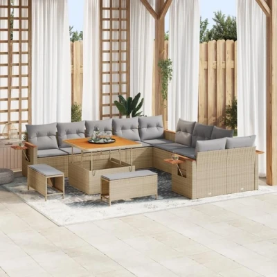 Image de Ensemble de Sofa Jardin vidaXL 13 pièces avec Coussins Beige Poly Rattan Acacia 3365177