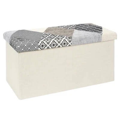 Image de HOME DECO FACTORY Patchwork Gris Mobilier Assise Coffre Banc Pliable Entree Salon Chambre Salle à Manger, Polyester, Multicouleur, 76x38x38cm