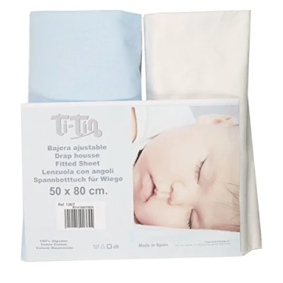 Image de Ti TIN Lot de 2 Draps Housses pour Lit Enfant/Bébé, 50x80 cm Drap Housse Doux, Respirant, Confortable et Réglable 100% Coton sans Motif Couleur Unie Blanc Bleu