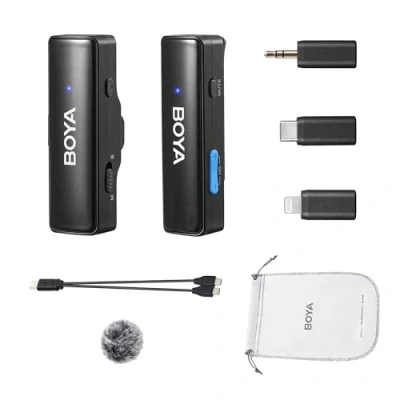 Image de BOYALINK A1 Micro Cravate,3 en 1 iPhone sans Fil avec Suppression du Bruit 6 Niveaux de Gain, Transmission à 100M pour iPhone/iPad/Smartphone USB C/Ordinateur Portable