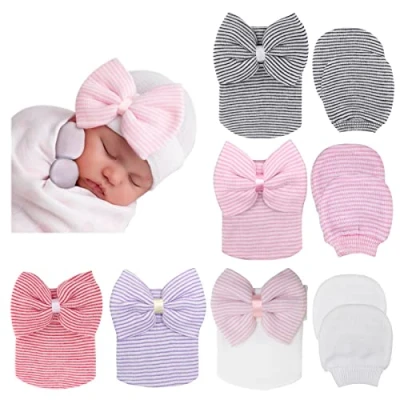Image de DRESHOW Bonnets de Naissance et Moufles Protection Coton 5 Pcs Coordonnés 3 Paires Mitaines Scratch Enfant Bébé Fille Garçon (0 Mois)