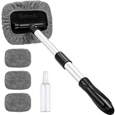 Image de AstroAI Nettoyeur de vitres voiture, nettoyant intérieur pour pare brise avec poignée extensible et 4 tampons en microfibre, gris
