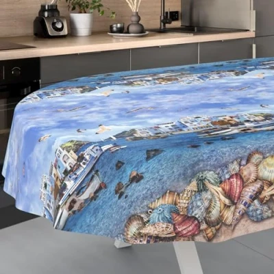 Image de ANRO Nappe en Toile cirée Lavable, pour Jardin, extérieur, intérieur, Ovale, Bord coupé, Motif : pêcheur, 200 x 140 cm
