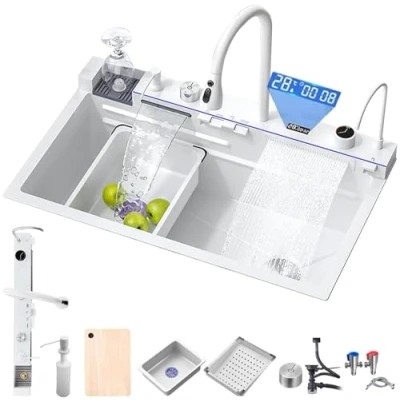 Image de MIMRTIMI Évier de Cuisine avec Robinet Intégré Evier 1 Bac Noir Cascade Raindance en Acier Inoxydable 304 Divers Accessoires (White, 68 * 46CM)