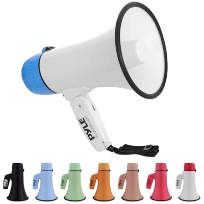 Image de Pyle PMPRA214WHI Lightweight and Portable Bullhorn Megaphone, Aux (3.5mm) Input for MP3/Music, Automatic Siren, 20 Watt, MIC/Talk Unisex Adult, White &amp; Blue, Taille Unique