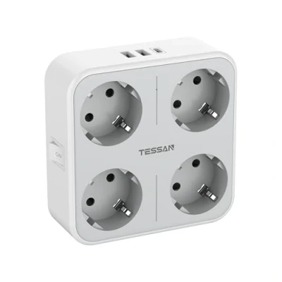 Image de TESSAN Ladron Prises USB C, Prise Multiple 4 Schuko avec 1 C et 2 A, Voleurs pour 4000 W, 7 en Bureau, Cuisine, Mur Gris