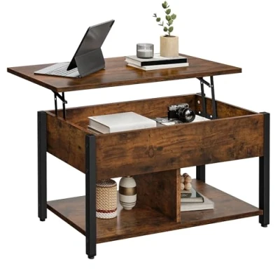 Image de YITAHOME Table Basse à Plateau Relevable, Rangement 2 Niveaux, Hauteur Réglable avec Compartiment de Caché et Étagère pour Salon, Bureau, Marron Rustique