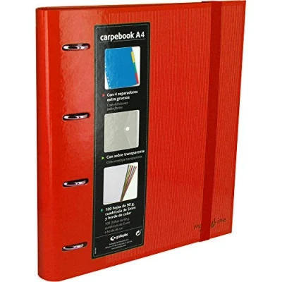 Image de Grafoplás 88102051. Classeur 4 anneaux perforés A4 avec enveloppe transparente, intercalaires et 100 feuilles, couleur rouge, de 35 mm, fermeture en caoutchouc. Porte documents Multiline