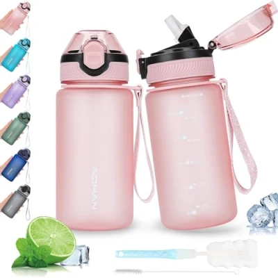 Image de AOHAN Bouteille d&#039;eau avec couvercle à rabat anti fuite, sans BPA paille, passe au lave vaisselle, carafe non toxique sangle de transport