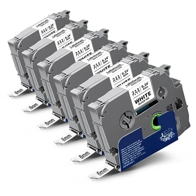 Image de 6x Labelwell Ruban Etiqueteuse Cassette pour Brother TZe 211 TZe211 6mm x 8m Laminé Noir sur Blanc P Touch PT P300BT H100LB H107B E110 P900 H200 H110 Étiqueteuse