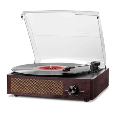 Image de Platine Vinyle Bluetooth Portable à 3 Vitesses (33 1/3, 45 78 TR/Min), Vintage Tourne Disque avec Haut parleurs stéréo intégrés, Prend en Charge la Sortie RCA/3.5mm Jack Marron