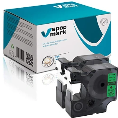 Image de specmark Compatible avec DYMO D1 45809 S0720890 Lot de 2 rubans à étiqueter Noir sur vert 19 mm x 7 m pour imprimante LM Label Manager LP LW Writer DUO