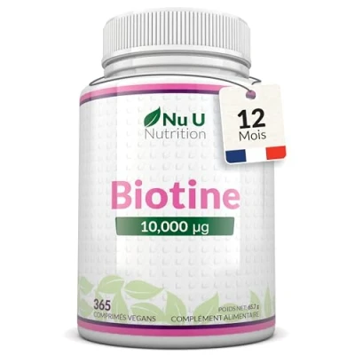 Image de Biotine 10000 µg 365 Comprimés végétales Vitamine B8 pour la Pousse des Cheveux 1 an d&#039;approvisionnement Compléments alimentaires de Nu U Nutrition