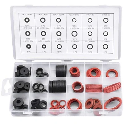 Image de 141 PCS Joint Rondelle en Caoutchouc et Fibre, 18 Tailles Plat d&#039;Etanchéité, Assortiment de Rondelles pour Robinet, Vanne, Pompe, Plomberie Noir Rouge