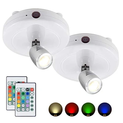 Image de HONWELL Projecteur LED sans fil à piles avec télécommande,lampe d&#039;accent de minuterie d&#039;éclairage jeu fléchettes, éclairage rotatif d&#039;images pour escalier cuisine peinture miroir,2 pièces