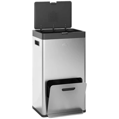 Image de HOMCOM poubelle rectangulaire à pédale, 56L, cuisine, 3 compartiments, fermeture douce, en acier inoxydable anti traces, avec roulettes, seau intérieur amovible, argent