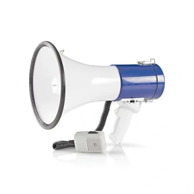 Image de NEDIS Mégaphone Portée maximale: 1500 m Contrôle du Volume 135 DB Microphone détachable Sirène intégrée Bandoulière Blanc/Bleu