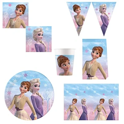 Image de Procos DY10273863 Grand ensemble de fête Frozen II Wind Spirit, assiettes, serviettes, tasses, nappe, sacs, bannière, décoration table, d&#039;anniversaire