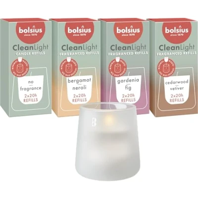 Image de Bolsius Set de Démarrage CleanLight Bougie Parfumée Rechargeable Support &amp; 9 Recharges Multiples Fragrances Blanc Temps Combustion 20 Heures Extraits Naturels Cire Végétalienne