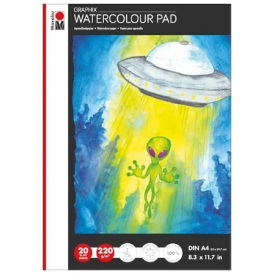Image de Marabu 1612000000400 Aqua Pad Graphix Bloc aquarelle Pour Format A4 20 feuilles 220 g/m² Blanc naturel grainé mat sans acide et résistant à l&#039;usure toutes les techniques