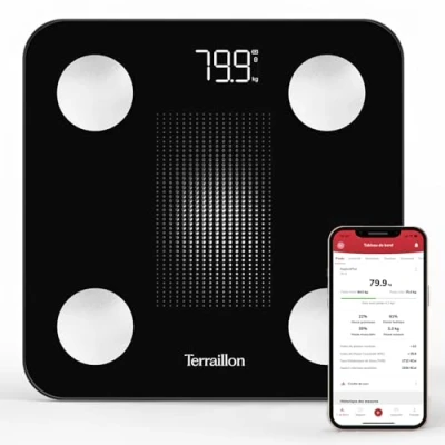 Image de TERRAILLON WEIGHT CONNECT Balance connectée Bluetooth, Analyse des masses graisseuse, musculaire, hydrique et osseuse, IMC, Capacité 180 kg, Graduation 50g, Ecran LED, Plateau verre, Sérigraphié
