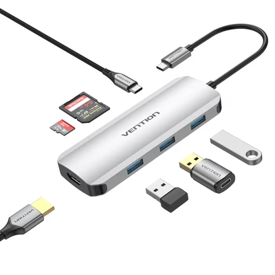 Image de Station d&#039;accueil Vention 7 en 1 USB C vers HDMI 4K/3xUSB3.0/SD/TF/PD100W 0,15m Couleur Gris Neuf