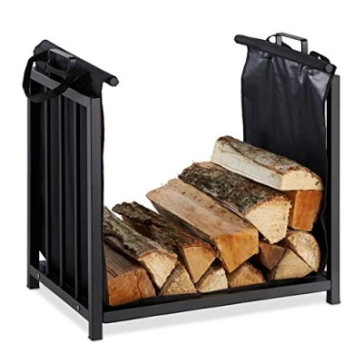 Image de Relaxdays 10028774 Support bois de cheminée Sac pour bûches, intérieur, design moderne, Etagère, acier, HlP 50x51x37cm, noir, Taille Unique