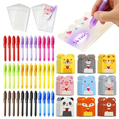Image de DazSpirit 36pcs Stylo Encre Invisible avec Bloc Notes Animaux Mignons et Sacs Cadeaux, Magique Espion Lumière UV pour Enfants, écrire Un Message Secret