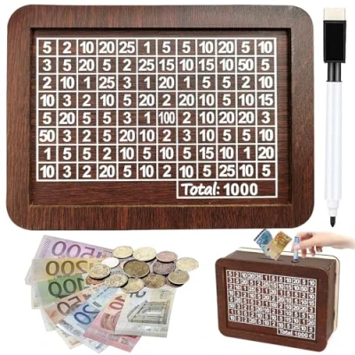 Image de Tirelire en Bois,Numérique Réutilisable,Tirelire avec Compteur,Tirelire Objectif D&#039;épargne et Chiffres à Cocher,Tireliure Bois pour Aider Enfants Commencer Economiser (1000ou)
