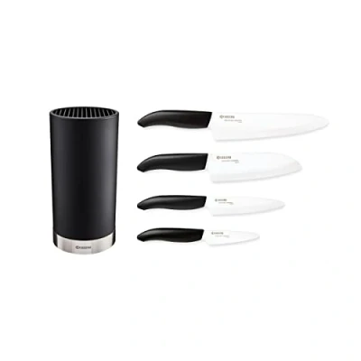 Image de Kyocera KB RD BK 4KN FK EU Set de couteaux en céramique avec couteau universel, Santoku et bloc rond pour 8 couteaux, lame zircone, aiguisée à la main