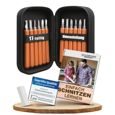 Image de HOLZWURM set d&#039;outils de sculpture sur bois 12 pcs, sachet, instructions (EN) et pierre à aiguiser inclus, couteaux idéal pour les débutants professionnels