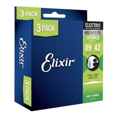 Image de Elixir Strings, Cordes pour Guitare électrique en Acier plaqué Nickel, avec revêtement OPTIWEB Pack de 3 jeux, Super Light 9 42