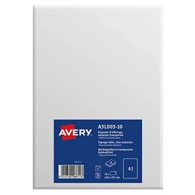 Image de Avery A3L003 10 Pack de Etiquettes d&#039;affichage en polyester A3 420 x 297 mm Transparent